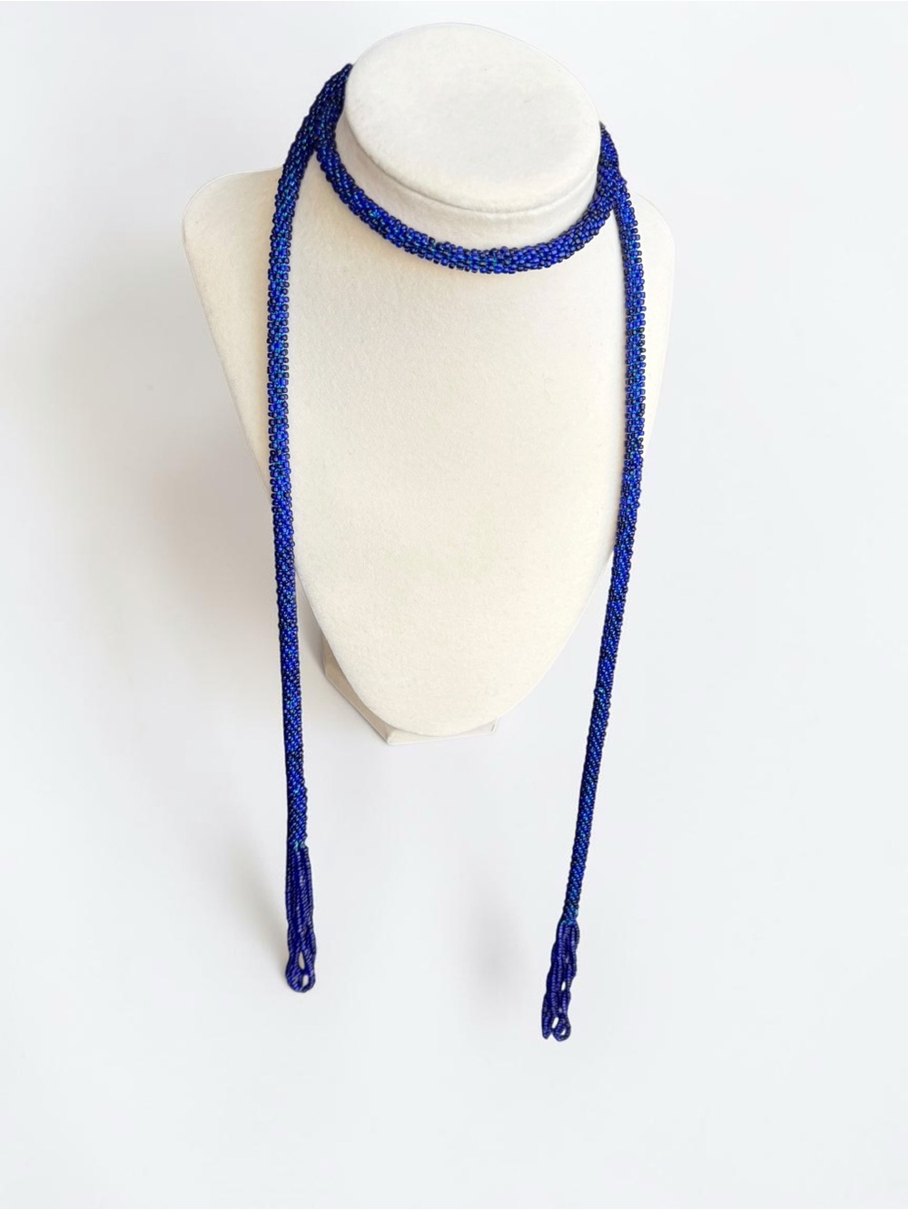 Deep Blue Hand-Beaded Lariat Necklace